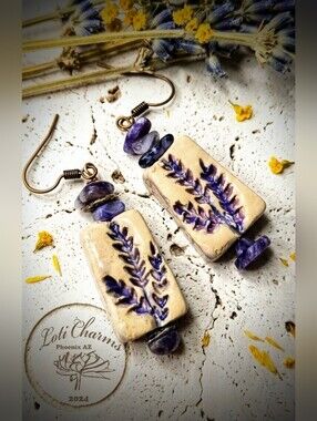 Handcrafted Rustic Lavender Flowers On Clay & Charoite On Copper Drop Earrings